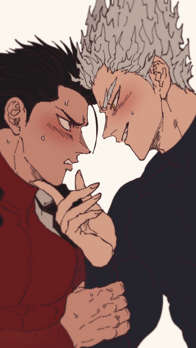 2boys black_hair blurry blush bodysuit character_request chun_(luxtan) couple eye_contact finger_to_another's_chin garou_(one-punch_man) highres looking_at_another multiple_boys one-punch_man silver_hair spiky_hair tagme tight toned toned_male yaoi yellow_eyes