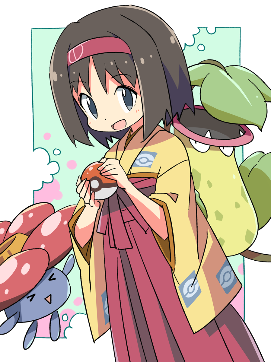 &gt;_&lt; 1girl :d black_eyes black_hair commentary_request erika_(pokemon) gen_1_pokemon gym_leader hakama headband highres japanese_clothes kimono long_sleeves looking_at_viewer open_mouth poke_ball poke_ball_print pokemon pokemon_(creature) red_hakama red_headband roku_no_hito short_hair smile triangle_mouth victreebel vileplume wide_sleeves