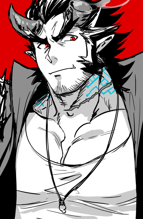 1boy bara beard black_hair chest facial_hair fang horns jewelry looking_at_viewer male_focus muscle necklace partially_colored pectorals scar simple_background sugo6969 takemaru_(tokyo_houkago_summoners) tank_top thick_eyebrows tokyo_houkago_summoners upper_body