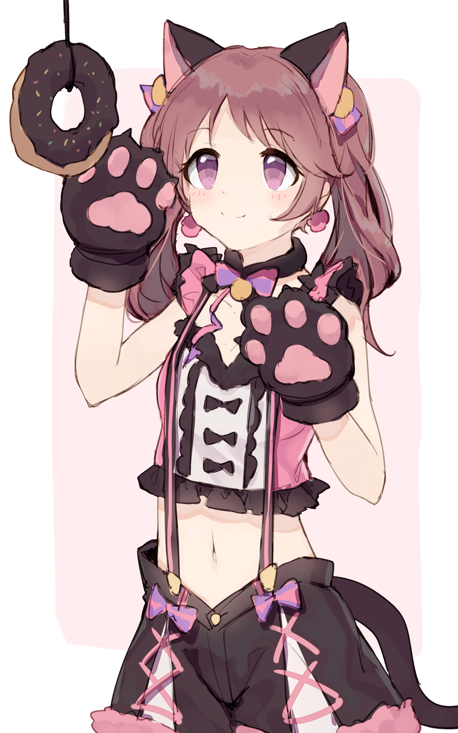 1girl animal_ears brown_hair cat_ears cat_tail character_request doughnut earrings eyebrows_visible_through_hair food gloves gradient gradient_background hands_up highres idolmaster jewelry long_hair midriff navel paw_gloves paws pink_background pink_eyes shirt shone shorts simple_background sleeveless sleeveless_shirt smile solo suspender_shorts suspenders tail twintails