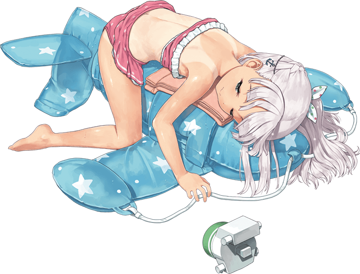 1girl back bangs barefoot blunt_bangs full_body hair_ribbon jiji kantai_collection long_hair lying maestrale_(kantai_collection) official_art on_stomach one_side_up pink_swimsuit ribbon silver_hair swimsuit tan tanline transparent_background white_ribbon
