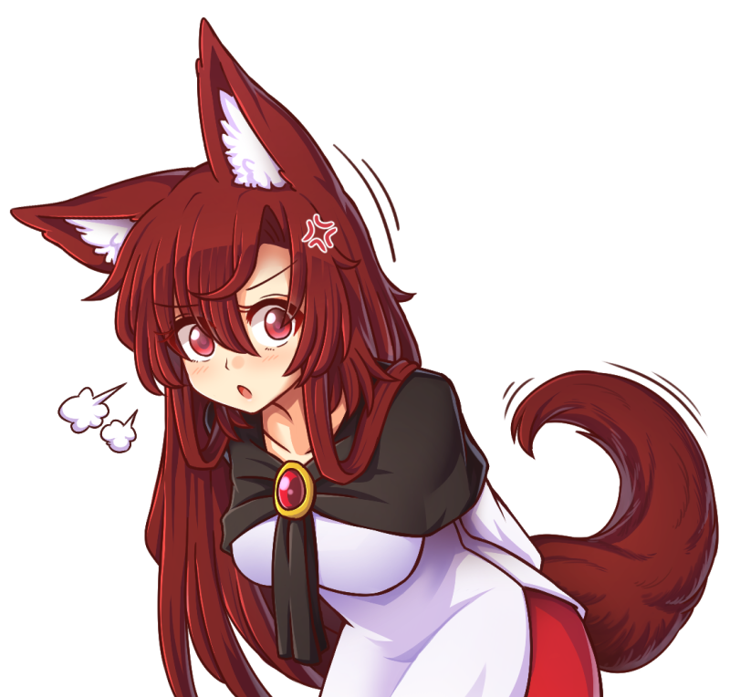 1girl :o =3 anger_vein animal_ear_fluff animal_ears arms_behind_back breasts brooch brown_hair collarbone dress eyebrows_visible_through_hair hair_between_eyes imaizumi_kagerou jewelry large_breasts layered_dress leaning_forward long_hair long_sleeves looking_at_viewer motion_lines open_mouth red_eyes red_skirt shawl sidelocks skirt solo standing tail touhou upper_body very_long_hair white_dress wolf_ears wolf_tail wool_(miwol)