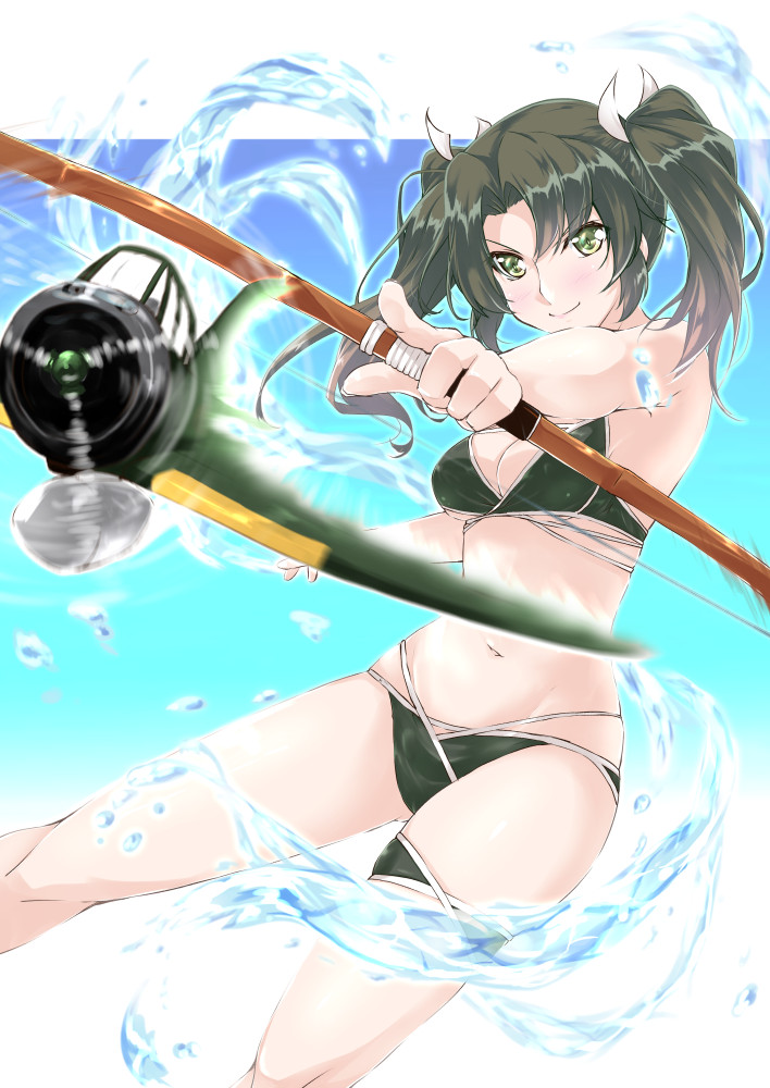 aircraft alternate_costume aqua_background bikini bow_(weapon) breasts dark_green_hair gradient gradient_background green_bikini green_eyes hair_ribbon kantai_collection launching long_hair mikage_takashi multi-strapped_bikini ribbon small_breasts smile swimsuit twintails water weapon white_ribbon zuikaku_(kantai_collection)