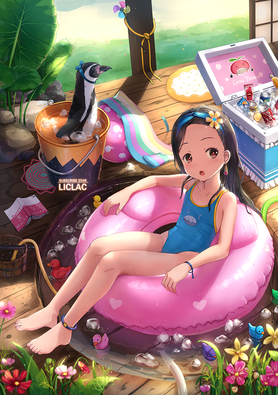 1girl ball barefoot beachball bird black_hair blue_swimsuit book box brown_eyes bucket can casual_one-piece_swimsuit flat_chest flower forehead full_body groin hair_flower hair_ornament hairband highres hose ice innertube jewelry leaf legs liclac long_hair looking_at_viewer one-piece_swimsuit open_mouth original outdoors penguin pinwheel plant pool ribbon rubber_duck single_earring sitting soda_can summer swimsuit thighs toes towel water wet