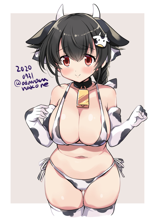 1girl animal_print bell black_hair blush breasts cow_bell cow_print cowboy_shot dated elbow_gloves eyebrows_visible_through_hair gloves hair_between_eyes jingei_(kantai_collection) kantai_collection large_breasts navel odawara_hakone red_eyes short_hair smile solo thigh-highs twitter_username white_gloves