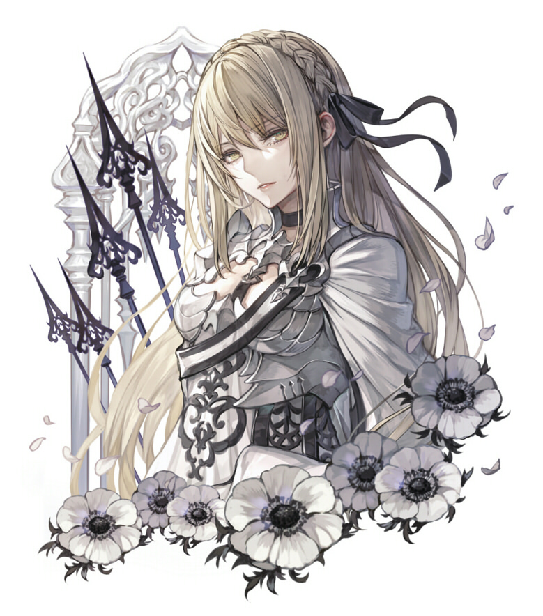 1girl armor black_choker black_ribbon blonde_hair braid breastplate cape choker eyebrows_visible_through_hair flower hair_between_eyes hair_ribbon knight long_hair original parted_lips petals ribbon senano-yu solo upper_body white_cape white_flower yellow_eyes