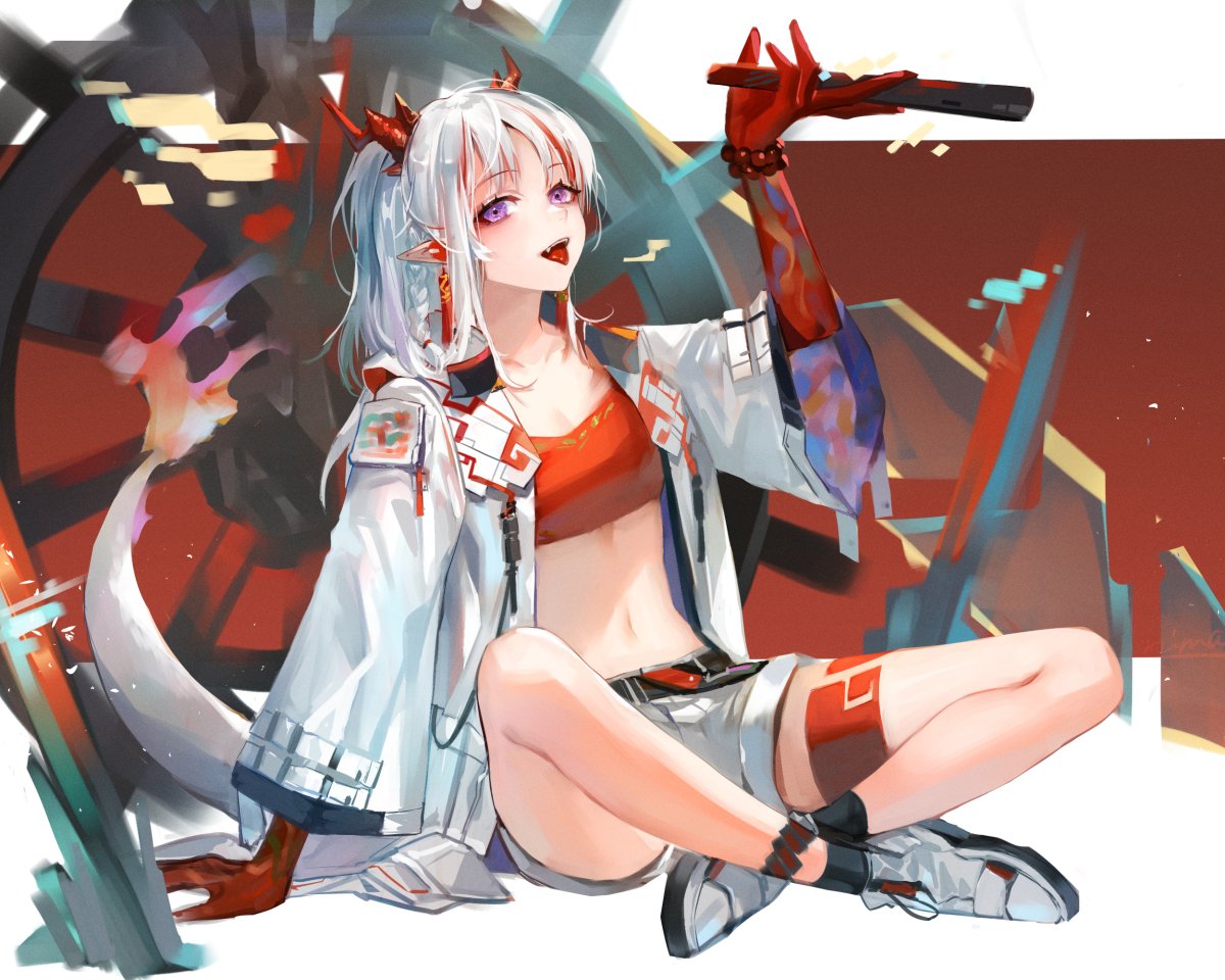 1girl :d arknights arm_support arm_up bandeau bangs bare_legs bead_bracelet beads belt black_belt bracelet braid eyebrows_visible_through_hair fang grey_footwear holding horns indian_style jacket jewelry long_hair long_sleeves looking_at_viewer midriff navel nian_(arknights) nima_(niru54) open_clothes open_jacket open_mouth pointy_ears shoes short_shorts shorts silver_hair single_braid sitting smile solo stomach strapless tail thighs tongue tongue_out tubetop violet_eyes white_jacket white_shorts wide_sleeves