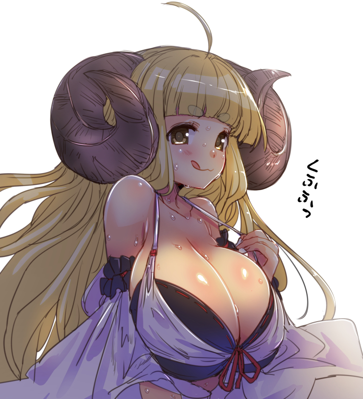 1girl ahoge anila_(granblue_fantasy) bikini blonde_hair breasts draph front-tie_top granblue_fantasy hirowa_nagi horns large_breasts long_hair looking_at_viewer sheep_horns short_eyebrows solo swimsuit white_bikini yellow_eyes