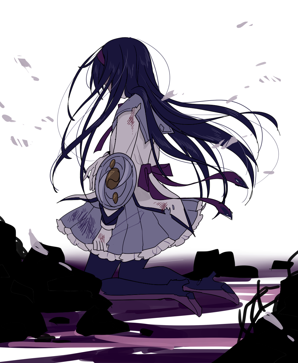 1girl akemi_homura arm_at_side ashes ayumaru_(art_of_life) black_hair black_legwear capelet covered_eyes covered_mouth dirty dirty_clothes facing_away floating_hair frilled_skirt frills from_side full_body gradient gradient_background grey_capelet grey_skirt hairband hand_up highres kneeling long_hair long_sleeves mahou_shoujo_madoka_magica pantyhose pleated_skirt profile purple_hairband purple_ribbon ribbon ruins scratches shield shirt shoe_soles simple_background skirt solo straight_hair torn_clothes torn_shirt water white_background