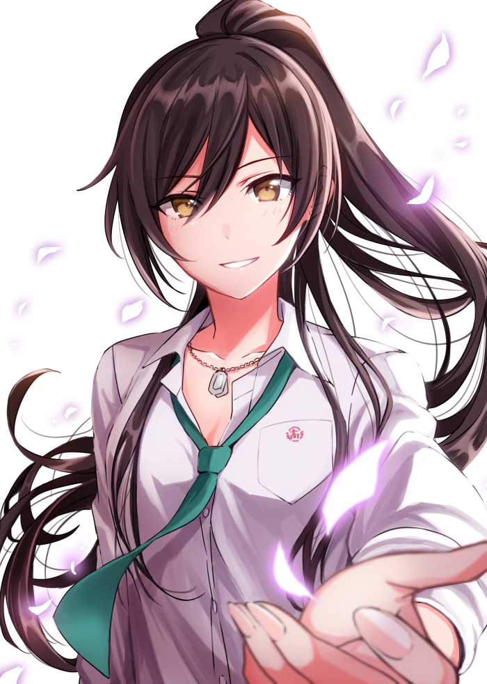 1girl black_hair blurry breast_pocket buttons collarbone collared_shirt depth_of_field dog_tags dress_shirt eyebrows_visible_through_hair fingernails green_neckwear hair_between_eyes hand_up high_ponytail idolmaster idolmaster_shiny_colors jewelry kamekoya_sato long_hair long_sleeves looking_at_viewer loose_necktie necklace necktie outstretched_arm parted_lips petals pocket ponytail reaching_out school_uniform shiny shiny_hair shirase_sakuya shirt simple_background smile solo upper_body very_long_hair white_background white_shirt yellow_eyes