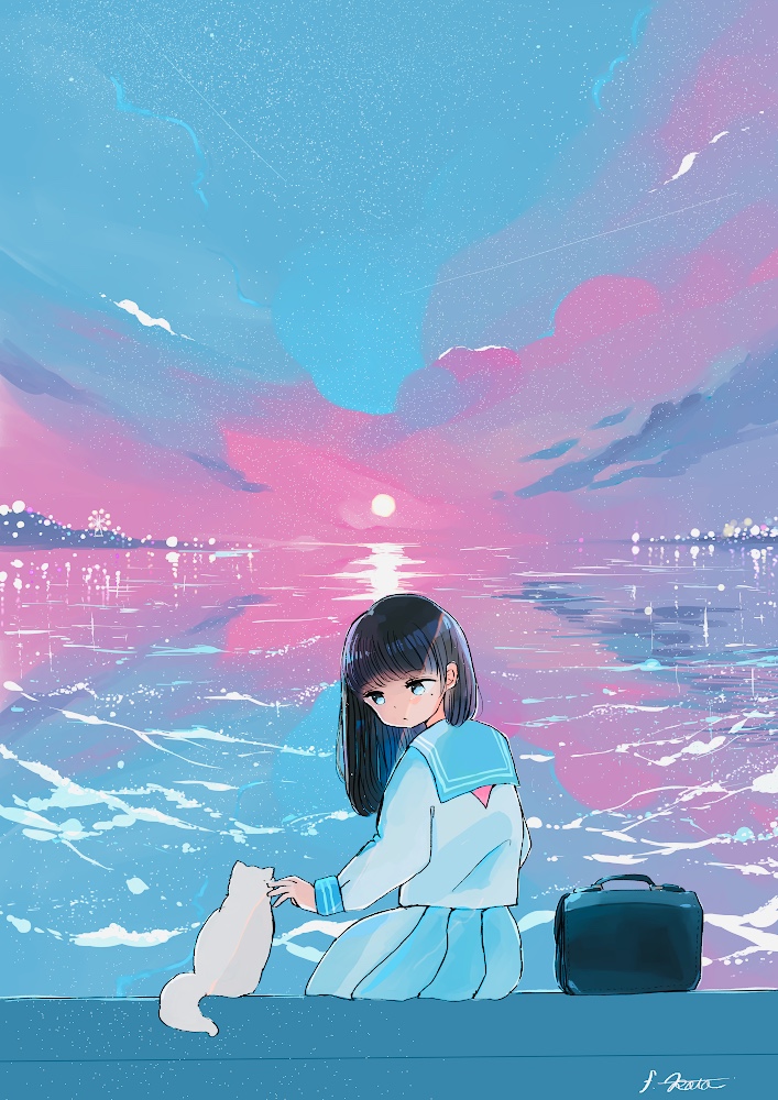 1girl aqua_sailor_collar bag bangs black_hair blue_sky cat clouds eotokaw from_behind grey_cat horizon limited_palette long_hair long_sleeves original outdoors pleated_skirt reflection shirt signature sitting skirt sky solo twilight white_shirt