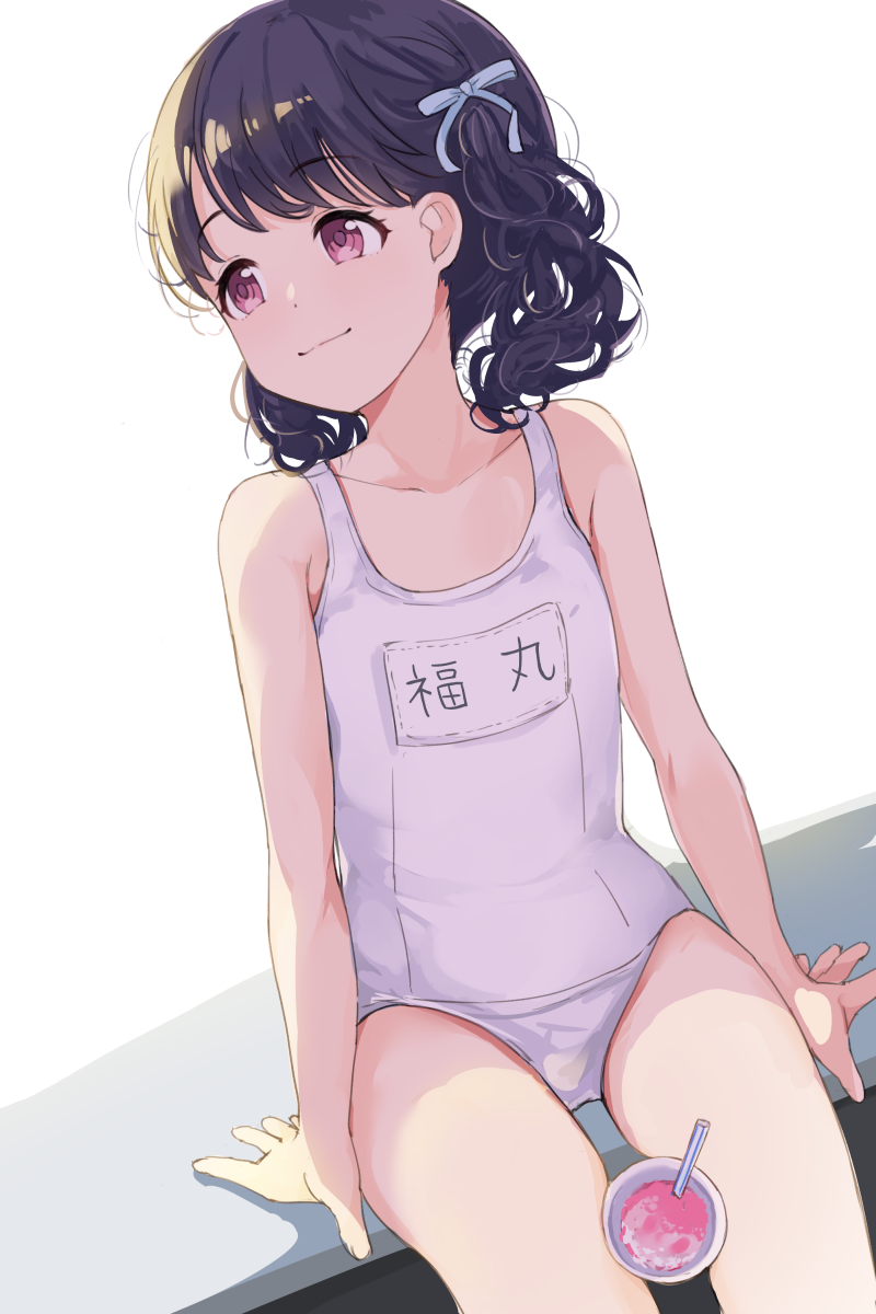 1girl bangs bare_arms bare_shoulders black_hair collarbone commentary_request curly_hair dutch_angle eyebrows_visible_through_hair fukumaru_koito hair_ribbon highres hiroki_(yyqw7151) idolmaster idolmaster_shiny_colors looking_away medium_hair name_tag one-piece_swimsuit ribbon school_swimsuit sitting solo swimsuit thighs twintails violet_eyes white_swimsuit