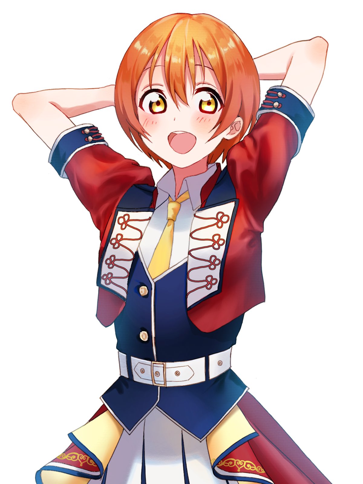 1girl arms_behind_head belt facing_viewer highres hoshizora_rin jacket looking_at_viewer love_live! love_live!_school_idol_project naarann open_mouth orange_hair red_jacket short_hair short_sleeves simple_background smile solo white_background yellow_eyes