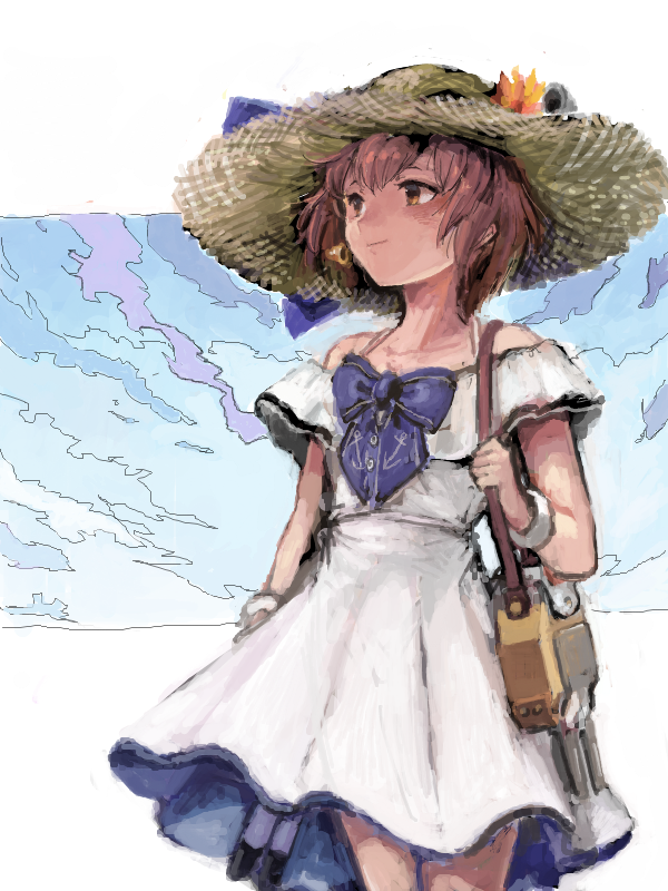 1girl alternate_costume anchor_symbol bag bangs blush bracelet brown_eyes brown_hair clouds dress flower hat hat_flower headgear jewelry kantai_collection shoulder_bag sky smile solo sowamame speaking_tube_headset straw_hat sundress white_dress yukikaze_(kantai_collection)