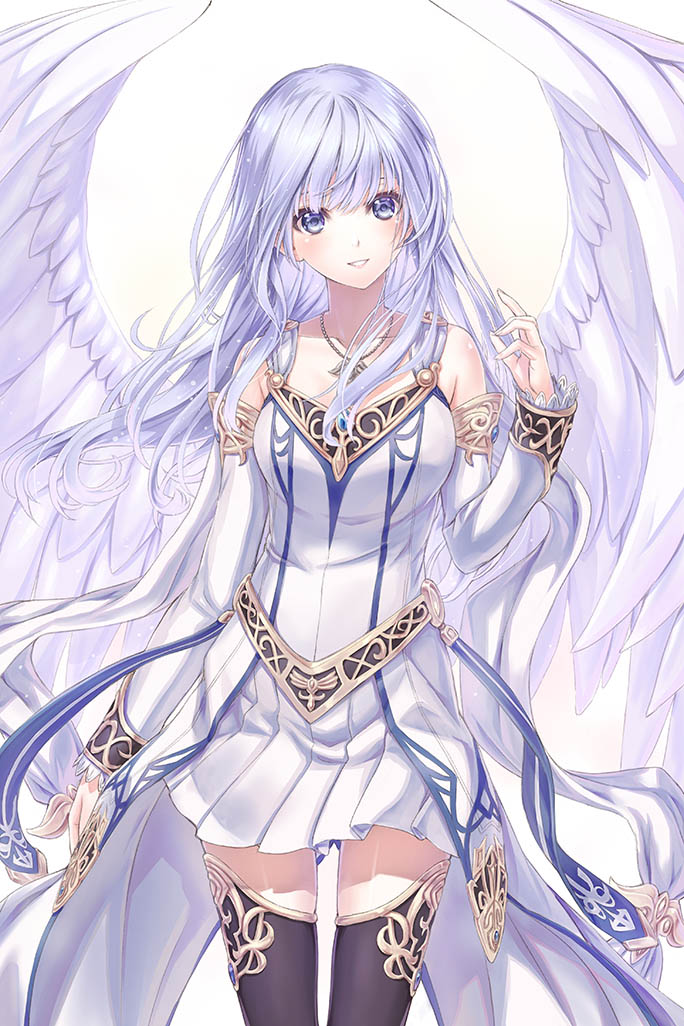 1girl angel_wings black_legwear blue_eyes blush breasts commentary cowboy_shot dress eyelashes jewelry long_hair long_sleeves looking_at_viewer medium_breasts necklace off-shoulder_dress off_shoulder reah_(ys) silver_hair simple_background smile solo taue_shunsuke thigh-highs thighs white_background white_dress wings ys ys_origin zettai_ryouiki