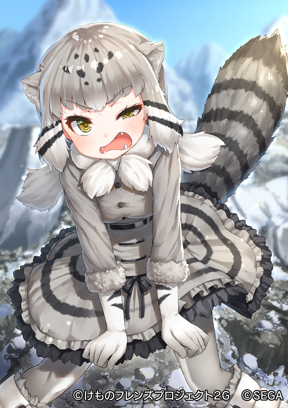 1girl angry animal_ears bangs black_hair blue_sky blush boots breasts brown_eyes cat_ears cat_girl cat_tail commentary_request day dress eyebrows_visible_through_hair fang fangs feet_out_of_frame frilled_boots frilled_dress frills fur_trim grey_hair half-closed_eye kemono_friends_3 knee_boots long_hair long_sleeves looking_at_viewer medium_breasts multicolored_hair open_mouth outdoors pallas's_cat_(kemono_friends) pensuke sky solo striped_tail tail translation_request v-shaped_eyebrows white_footwear