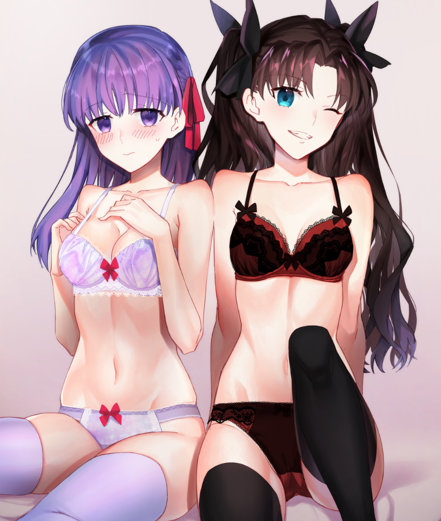 2girls arm_support black_bra black_legwear black_panties blush bow bow_bra bow_panties bra breasts brown_hair fate/stay_night fate_(series) grey_background groin hands_on_own_chest lace lace-trimmed_bra lace-trimmed_panties long_hair matou_sakura medium_breasts multiple_girls navel panties purple_bra purple_hair purple_legwear purple_panties red_ribbon ribbon skindentation smile sweat thigh-highs tohsaka_rin twintails underwear underwear_only violet_eyes ycco_(estrella)