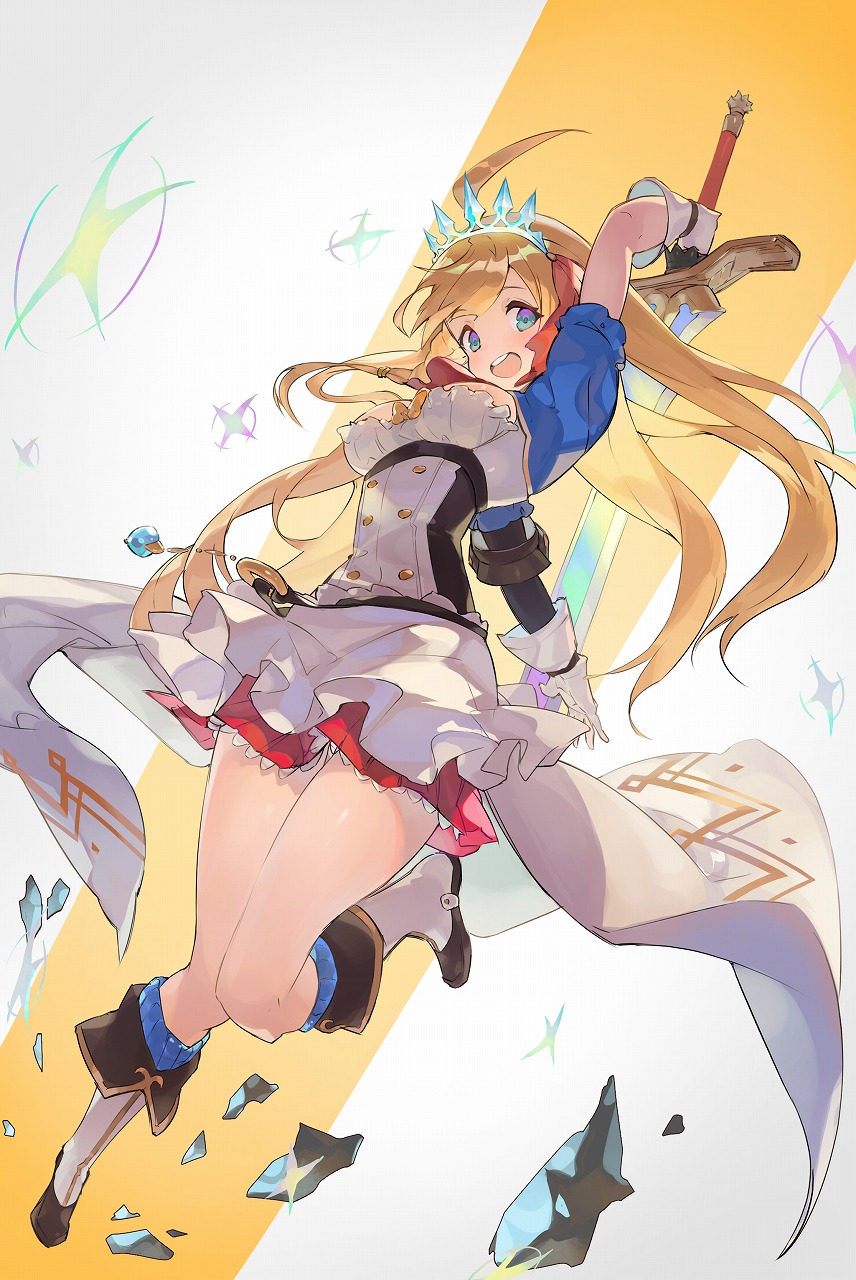 1girl ahoge arm_up blonde_hair blue_legwear dress frills gloves glowing green_eyes highres holding holding_weapon long_hair multicolored multicolored_eyes open_mouth pecorine princess_connect! princess_connect!_re:dive red_nose red_skirt shiny shiny_skin skirt smile socks solo sparkle sword teeth tiara tongue violet_eyes weapon white_footwear white_gloves yogurtbomb9