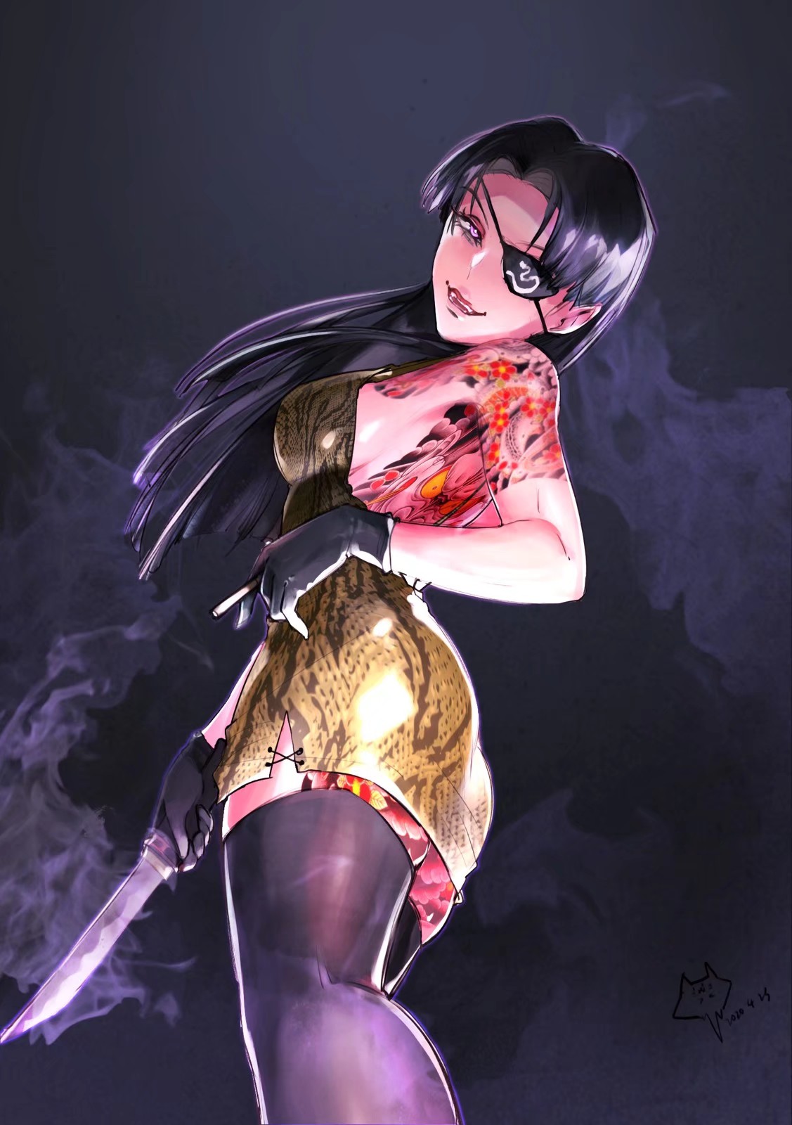 1girl black_gloves black_hair cigarette dated eyepatch floral_print genderswap genderswap_(mtf) gloves highres holding holding_knife knife long_hair looking_at_viewer majima_gorou ryuu_ga_gotoku shen_gun-gun signature smoke solo tattoo thigh-highs violet_eyes yakuza