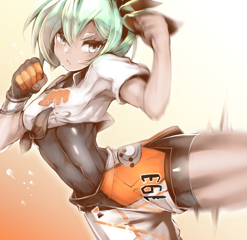 1girl alternate_eye_color alternate_hair_color bangs black_bodysuit black_hairband bodysuit bodysuit_under_clothes breasts collared_shirt commentary_request covered_navel dynamax_band eyelashes gloves green_eyes green_hair gym_leader hair_between_eyes hairband hands_up motion_blur panda=hiro pokemon pokemon_(game) pokemon_swsh print_shirt print_shorts saitou_(pokemon) shirt short_hair short_sleeves shorts single_glove solo tied_shirt