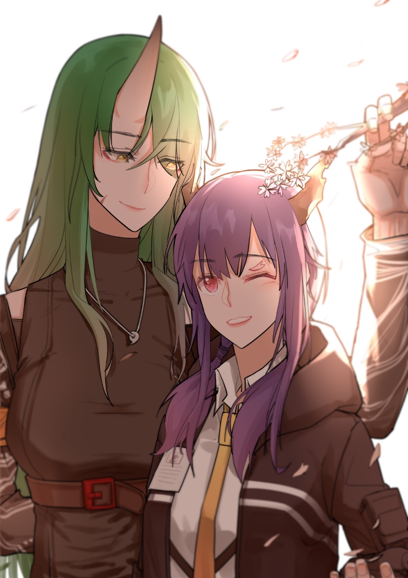 2girls arknights artist_request blue_hair ch'en_(arknights) dragon_horns eyebrows_visible_through_hair green_hair horns hoshiguma_(arknights) id_card jewelry long_hair multiple_girls necklace one_eye_closed oni oni_horns single_horn yin_yang yuri