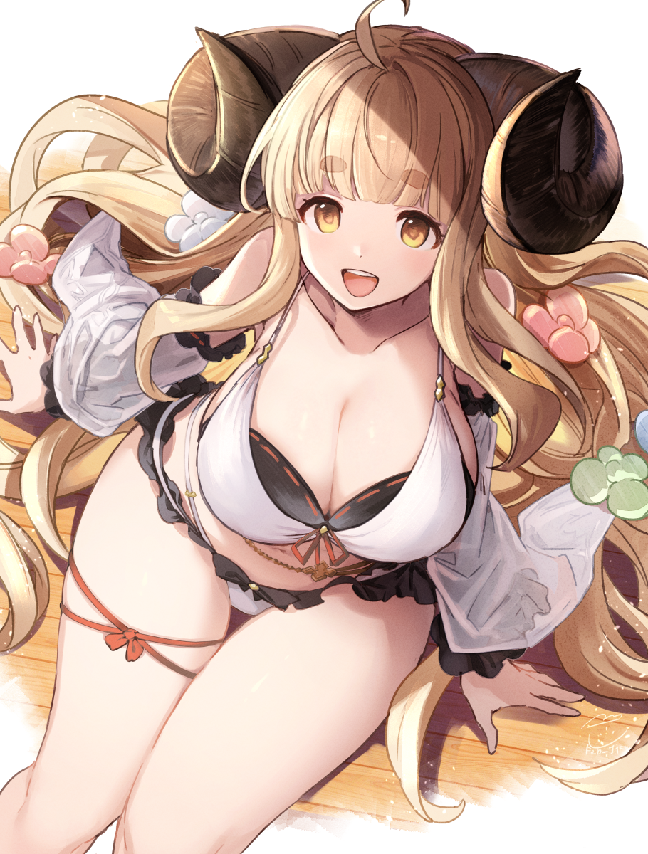 1girl ahoge anila_(granblue_fantasy) bikini blonde_hair breasts draph feb_itk from_above front-tie_top granblue_fantasy highres horns large_breasts long_hair looking_at_viewer sheep_horns short_eyebrows sitting smile solo swimsuit white_bikini yellow_eyes