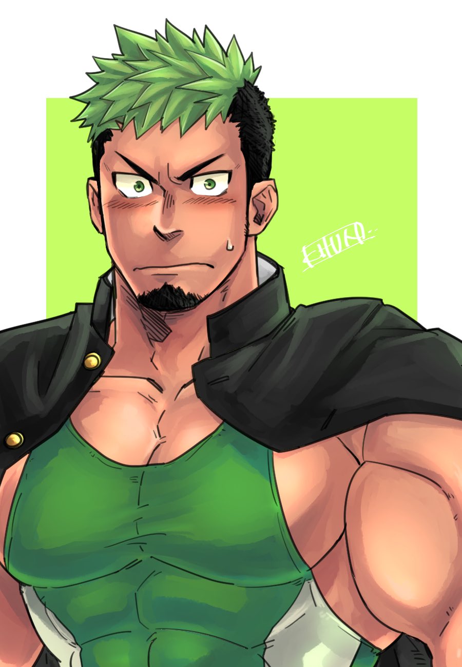 1boy abs bara beard black_hair blush chest chun_(luxtan) dark_skin facial_hair goatee green_eyes highres jacket jacket_on_shoulders looking_at_viewer male_focus manly multicolored_hair muscle nipples pectorals simple_background smile solo sweatdrop taurus_mask tokyo_houkago_summoners upper_body wrestling_outfit