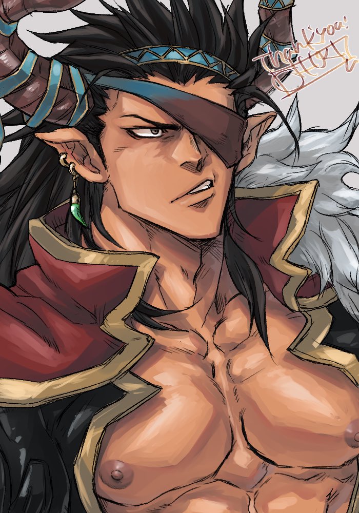 1boy abs bara black_hair chest chun_(luxtan) dark_skin dark_skinned_male draph earrings granblue_fantasy horns jewelry long_hair looking_at_viewer male_focus manly muscle nipples one_eye_covered pectorals pointy_ears reinhardtzar sky smile solo upper_body