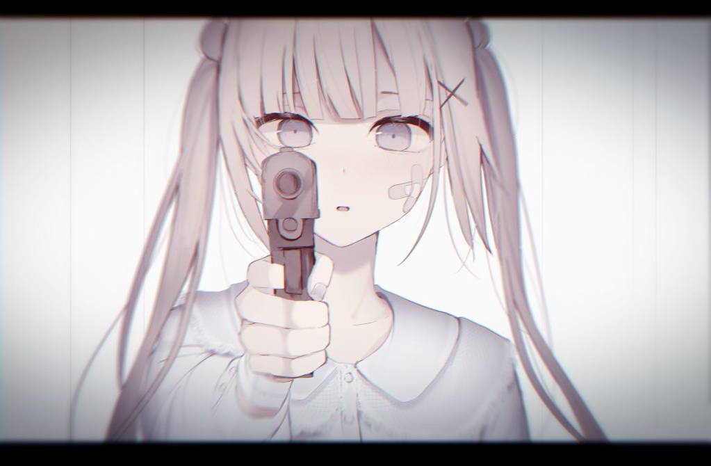 1girl aiming_at_viewer bandaged_arm bandages bandaid brown_hair collared_shirt commentary_request crossed_bandaids dress_shirt grey_nails gun hair_ornament handgun holding holding_gun holding_weapon letterboxed long_hair long_sleeves looking_at_viewer nail_polish original parted_lips pistol shirt solo tsuruse twintails upper_body weapon white_shirt x_hair_ornament