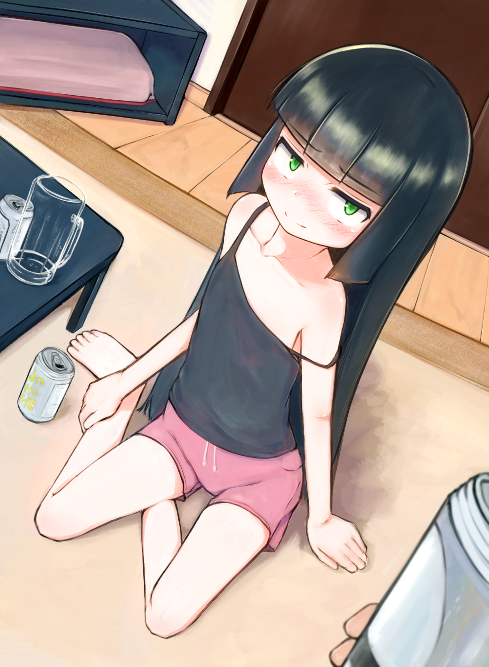 1girl 1other bangs barefoot beer_can beer_mug black_camisole black_hair blunt_bangs blush camisole can cup drunk feet flat_chest green_eyes highres indoors long_hair looking_at_viewer mug on_floor original pink_shorts pov santyoku short_shorts shorts sitting smile strap_slip table toes