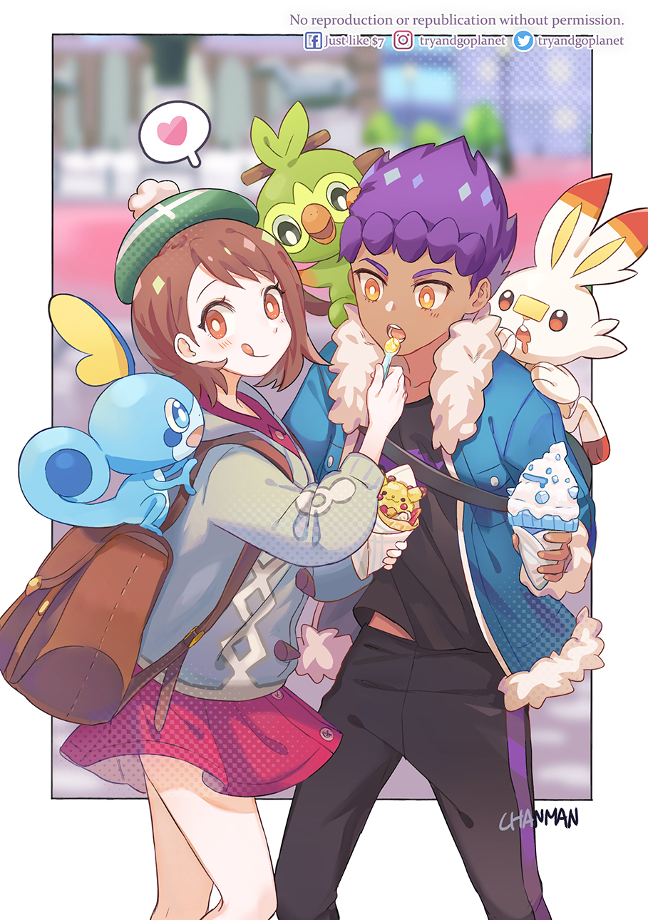 1boy 1girl :q artist_name backpack bag bangs blush brown_backpack brown_eyes brown_hair cardigan chanman_517 commentary_request dark_skin dark_skinned_male dress english_text feeding fur-trimmed_jacket fur_trim gen_5_pokemon gen_8_pokemon green_headwear grey_cardigan grookey heart highres holding holding_spoon hop_(pokemon) ice_cream_cone jacket long_sleeves open_mouth orange_eyes pink_dress pokemon pokemon_(creature) pokemon_(game) pokemon_swsh purple_hair scorbunny shirt short_hair sobble spoken_heart spoon tam_o'_shanter teeth tongue tongue_out vanillish yuuri_(pokemon)