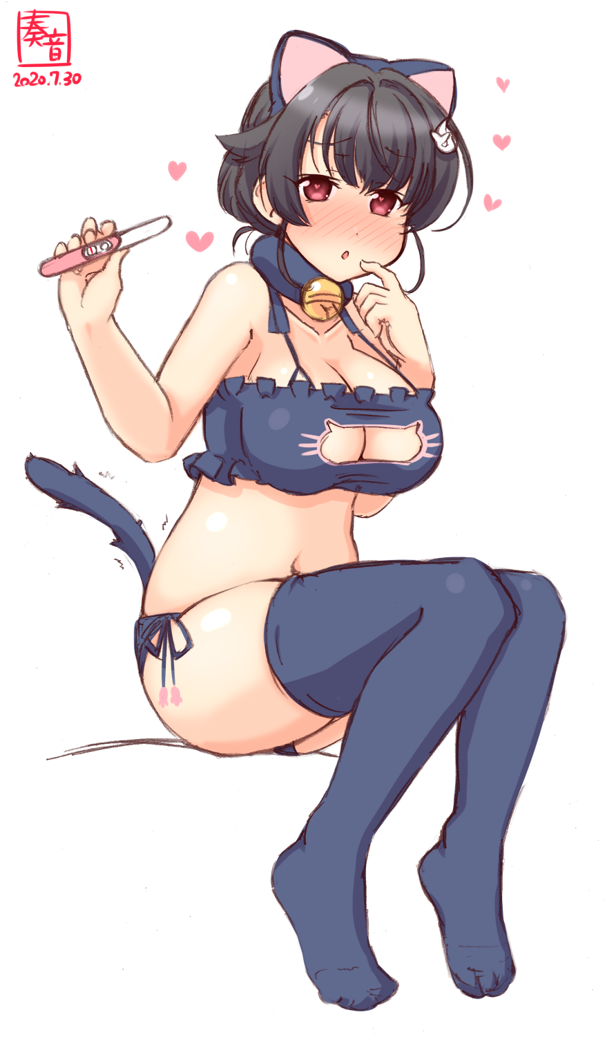 1girl alternate_costume animal_ears artist_logo bell bell_choker black_bra black_hair black_legwear black_panties blush bra cat_cutout cat_ear_panties cat_ears cat_lingerie cat_tail choker cleavage_cutout commentary_request dated frilled_bra frills full_body highres jingei_(kantai_collection) jingle_bell kanon_(kurogane_knights) kantai_collection long_hair looking_at_viewer meme_attire nose_blush panties pregnancy_test red_eyes side-tie_panties simple_background sitting solo tail thigh-highs underwear underwear_only white_background