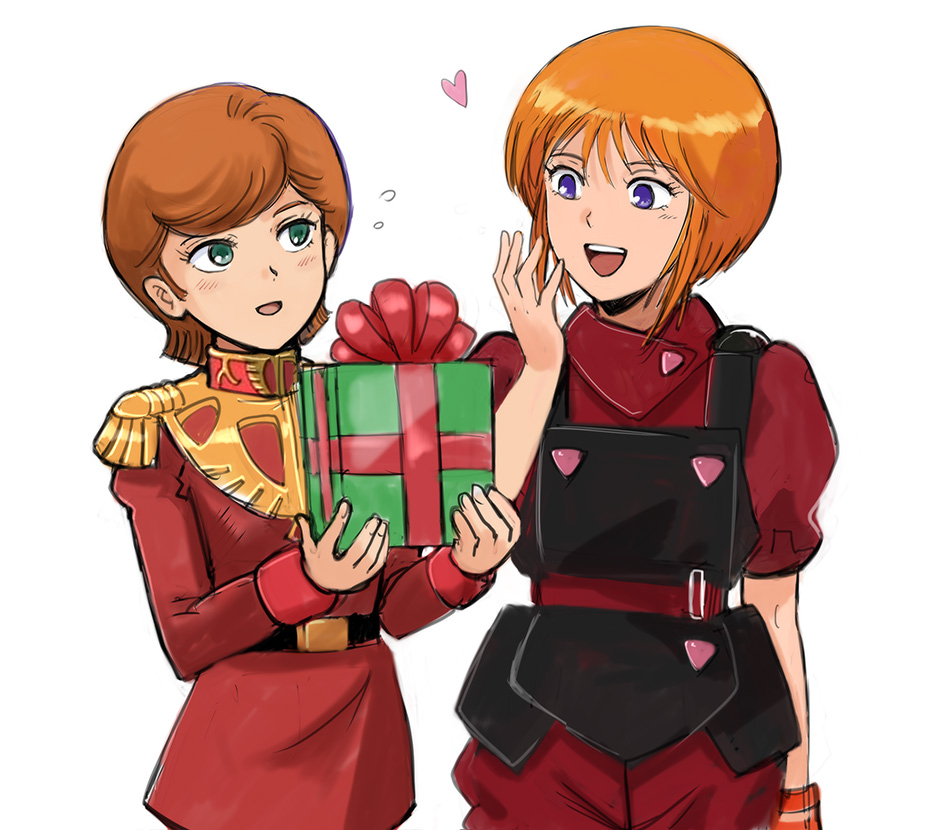 2girls :d bangs belt black_belt blue_eyes box brown_hair elpeo_puru gacha-m gift gift_box green_eyes gundam gundam_zz heart holding holding_box jacket long_sleeves looking_at_another mineva_lao_zabi multiple_girls open_mouth red_belt red_jacket shiny shiny_hair short_hair simple_background smile standing swept_bangs white_background