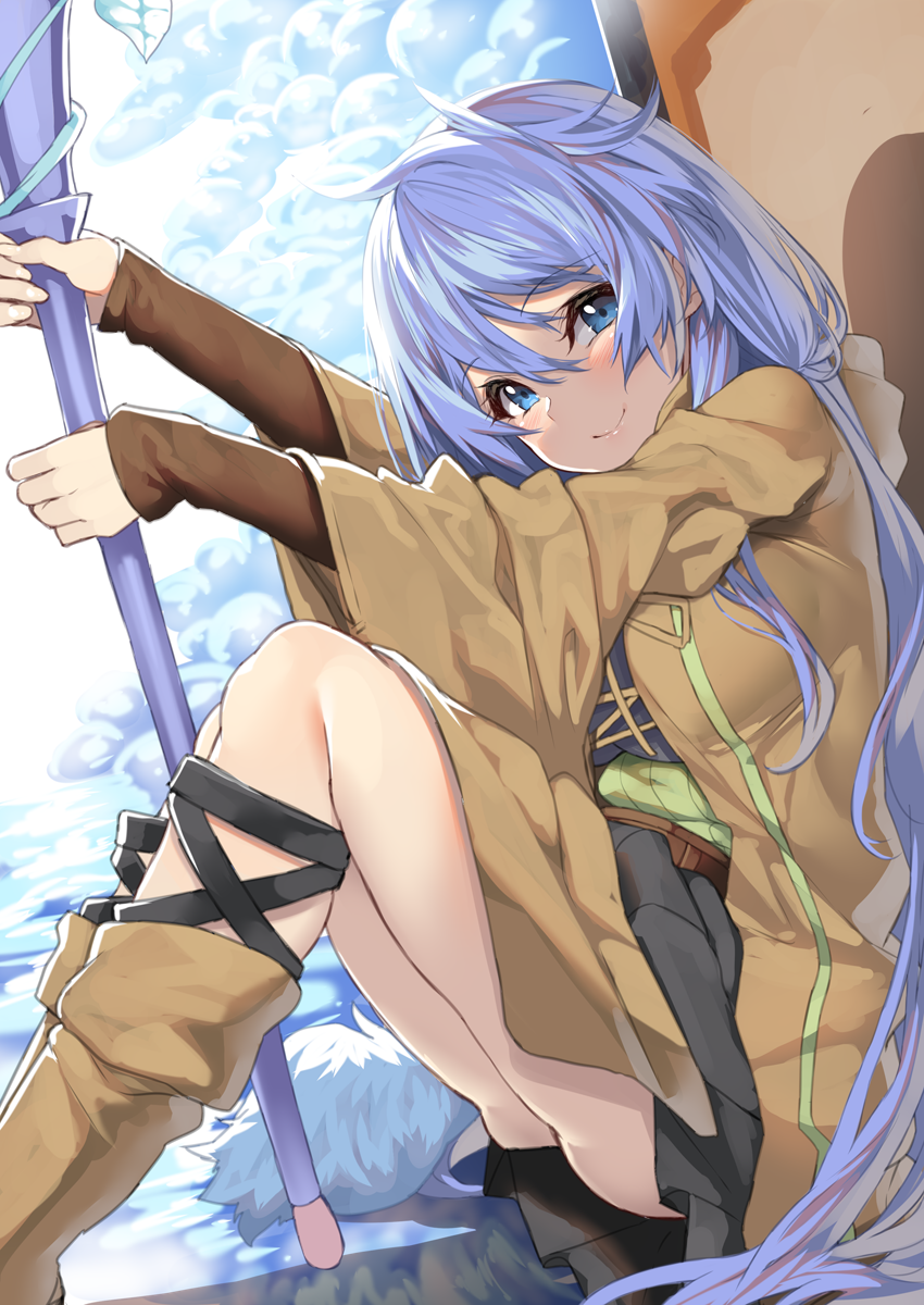 1girl ass bangs black_skirt blue_eyes blue_hair blush boots brown_footwear brown_jacket closed_mouth clouds commentary_request duel_monster eria eyebrows_visible_through_hair feet_out_of_frame green_shirt hair_between_eyes highres holding holding_staff jacket knees_up long_hair long_sleeves looking_at_viewer open_clothes open_jacket pleated_skirt shirt sitting skirt sleeves_past_wrists smile solo staff very_long_hair wide_sleeves yappen yuu-gi-ou