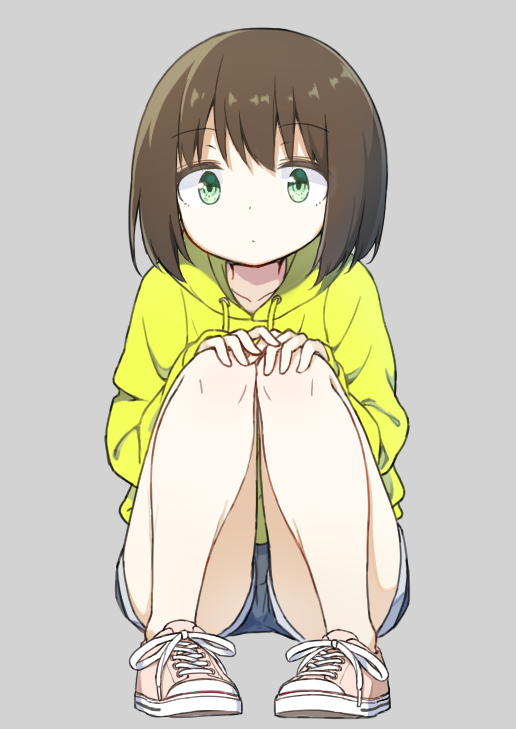 1girl brown_hair chintara10 denim denim_shorts full_body green_eyes grey_background hands_on_own_knees long_sleeves looking_at_viewer original pink_footwear shoes short_shorts shorts simple_background solo squatting yellow_hoodie