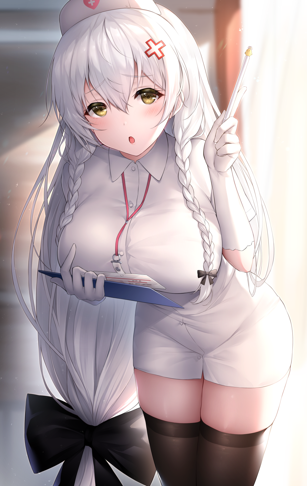 1girl azur_lane bangs black_legwear blush braid breasts brown_eyes commentary_request dress elbow_gloves eyebrows_visible_through_hair gloves hair_between_eyes hair_ornament hat hermione_(azur_lane) hermione_(pure_white_angel)_(azur_lane) highres holding holding_pen id_card indoors large_breasts leaning_forward long_hair looking_at_viewer low-tied_long_hair nurse nurse_cap open_mouth pen silver_hair solo standing thigh-highs twin_braids very_long_hair white_dress white_gloves white_headwear x_hair_ornament yuwari_ume