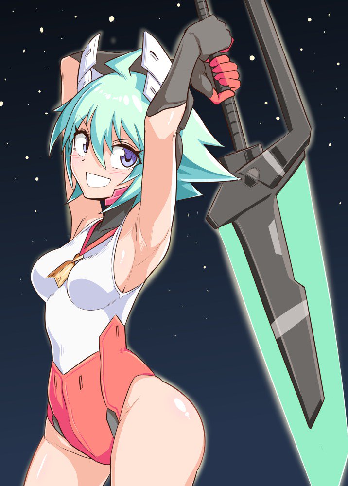 1girl ahoge ass azure_striker_gunvolt azure_striker_gunvolt_2 breasts cougar1404 gloves greatsword looking_at_viewer phantasy_star phantasy_star_online_2 roro_(gunvolt) short_hair solo sword violet_eyes weapon