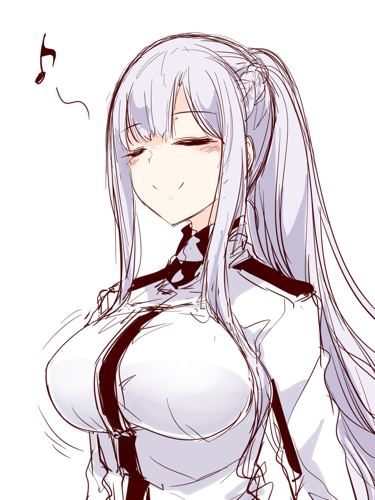 1girl ak-12_(girls_frontline) bangs blush braid closed_eyes closed_mouth commentary_request eyebrows_visible_through_hair french_braid girls_frontline high_collar high_ponytail highres hourai_kochou long_hair musical_note shirt sidelocks silver_hair smile standing white_background white_shirt