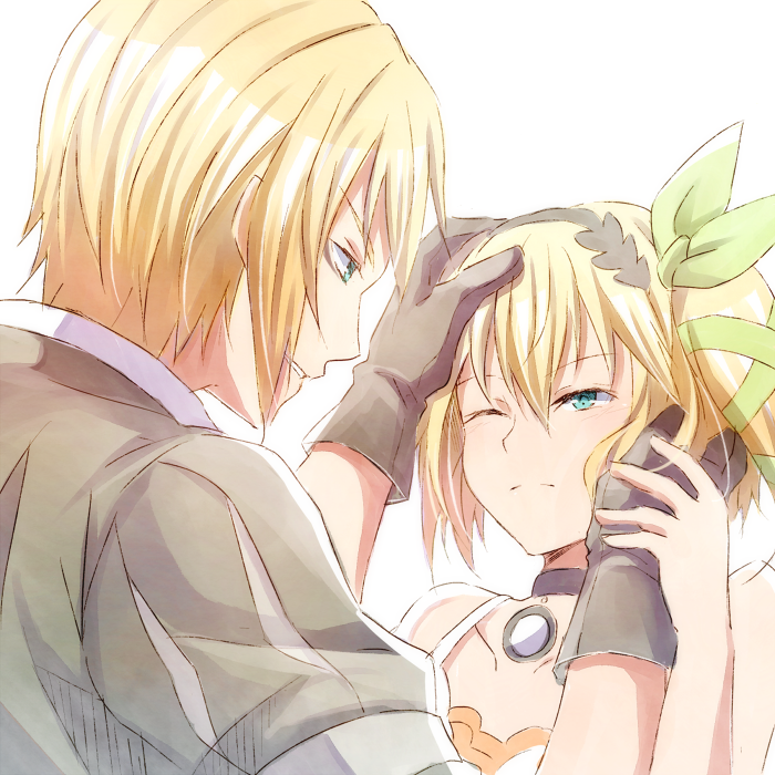 1boy 1girl ;( aqua_eyes black_choker black_gloves black_hairband blonde_hair bow brother_and_sister choker collarbone edna_(tales) eizen_(tales) eye_contact gloves green_bow green_ribbon hair_bow hair_ribbon hairband half-closed_eyes hand_on_another's_cheek hand_on_another's_face hand_on_another's_head looking_at_another mishiro_(andante) parted_lips ribbon short_hair short_sleeves siblings side_ponytail tales_of_(series) tales_of_berseria tales_of_zestiria