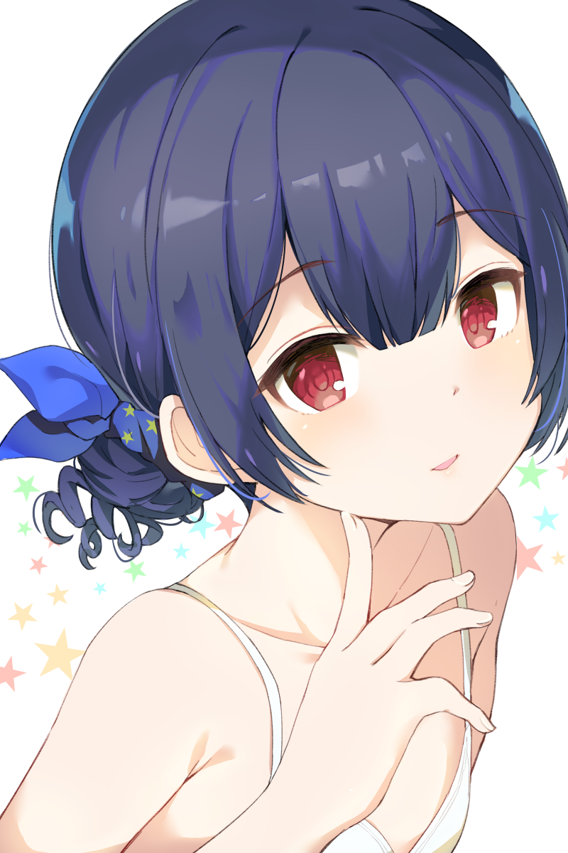 1girl armpit_crease bare_shoulders black_hair blue_bow blue_scrunchie bow bra collarbone eyebrows_visible_through_hair finger_to_cheek fingernails flat_chest hair_between_eyes hair_bow hair_ornament hair_scrunchie hand_up highres hiroki_(yyqw7151) idolmaster idolmaster_shiny_colors light_smile looking_at_viewer morino_rinze parted_lips red_eyes scrunchie short_hair solo star_(symbol) starry_background tied_hair underwear underwear_only upper_body white_background white_bra