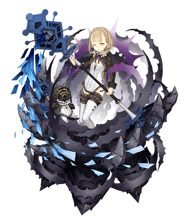 1girl blonde_hair braid briar_rose_(sinoalice) eyebrows_visible_through_hair flat_chest frills full_body holding holding_staff ji_no looking_at_viewer official_art one_eye_closed sinoalice solo staff stuffed_toy tattoo thigh-highs thorns transparent_background yellow_eyes