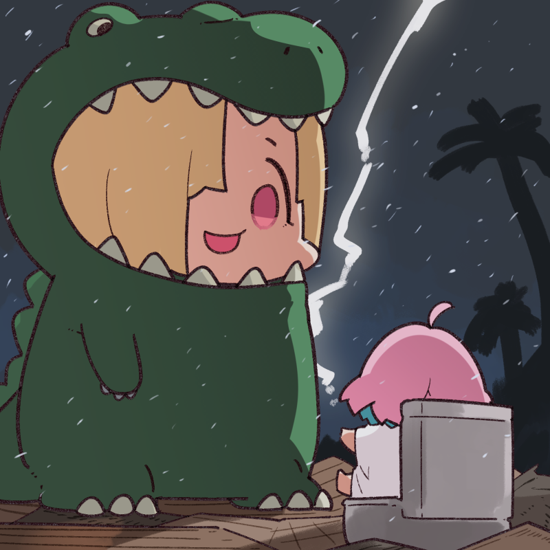 2girls ahoge barefoot blonde_hair blue_hair chibi dinosaur_costume facing_away hair_over_one_eye idolmaster idolmaster_cinderella_girls jurassic_park lightning multicolored_hair multiple_girls night no_pants open_mouth outdoors oversized_clothes oversized_shirt palm_tree parody pink_hair rain red_eyes shirasaka_koume shirt short_eyebrows sitting size_difference smile standing takato_kurosuke toilet tree two-tone_hair white_shirt yumemi_riamu