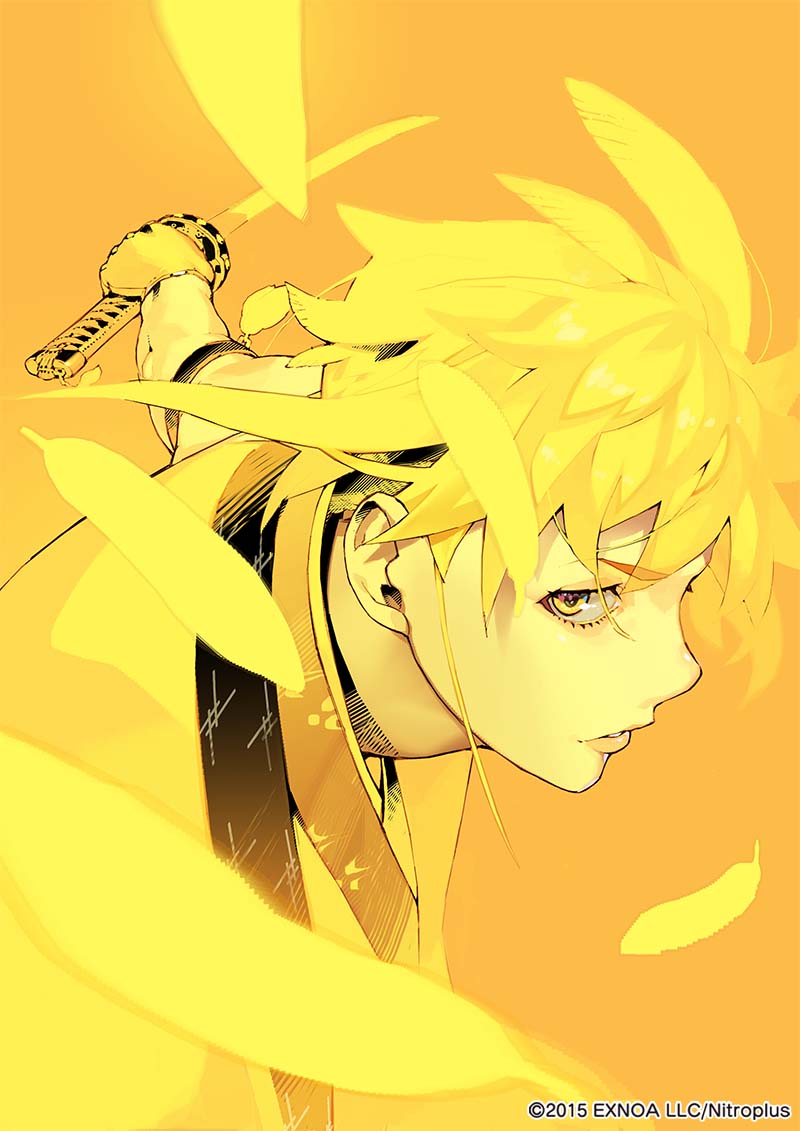 1boy armband artist_request blonde_hair eyebrows_visible_through_hair face falling_feathers feathers gloves holding holding_sword holding_weapon japanese_clothes katana male_focus parted_lips solo sword touken_ranbu upper_body weapon yellow_eyes yellow_gloves yellow_theme