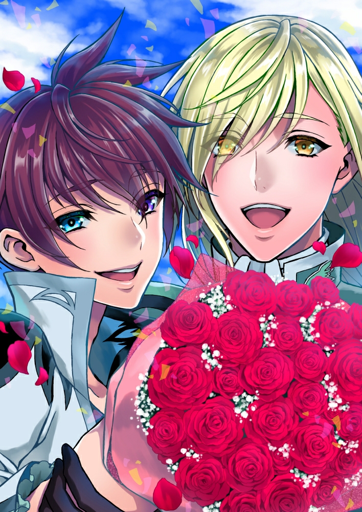 2boys :d asbel_lhant blue_eyes blue_sky bouquet brown_hair clouds cloudy_sky eyes_visible_through_hair flower green_hair heterochromia looking_at_viewer male_focus multiple_boys open_mouth red_flower red_rose richard_(tales) rose sky smile tales_of_(series) tales_of_graces upper_body usagi_nagomu violet_eyes yellow_eyes