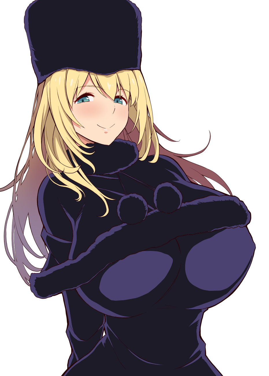 1girl arms_behind_back atago_(kantai_collection) blonde_hair blue_eyes breasts closed_mouth cosplay dress fur_hat fur_trim ginga_tetsudou_999 hat highres huge_breasts kantai_collection kloah looking_at_viewer maetel maetel_(cosplay) simple_background smile solo upper_body white_background