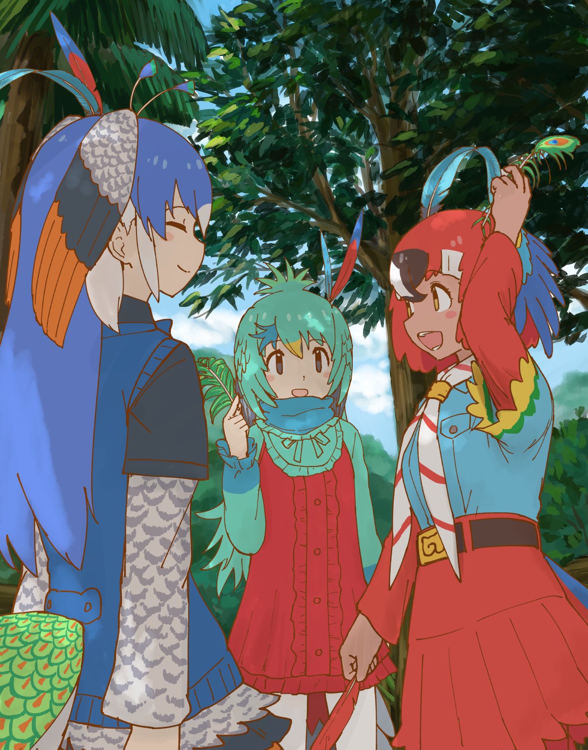 3girls antenna_hair arm_up belt belt_buckle bird_tail bird_wings black_eyes black_hair blue_hair buckle closed_eyes closed_mouth dappled_sunlight day dress facing_another feathers green_hair hair_feathers hand_up head_wings highres holding holding_feather japari_symbol kemono_friends long_sleeves looking_at_another medium_hair multicolored_hair multiple_girls open_mouth orange_eyes orange_hair outdoors pantyhose peacock_feathers peafowl_(kemono_friends) redhead resplendent_quetzal_(kemono_friends) rumenia_(ao2is) scarlet_macaw_(kemono_friends) shade shirt short_dress short_over_long_sleeves short_sleeves skirt smile sunlight tail tree vest white_hair wings