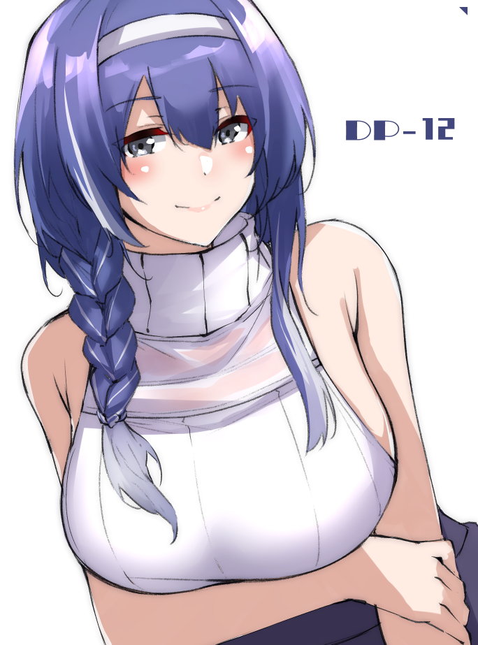 1girl blue_hair blush braid breasts character_name crossed_arms dp-12_(girls_frontline) eyebrows_visible_through_hair flugel_(kaleido_scope-710) girls_frontline grey_eyes hairband large_breasts long_hair looking_at_viewer single_braid smile solo sweater white_background