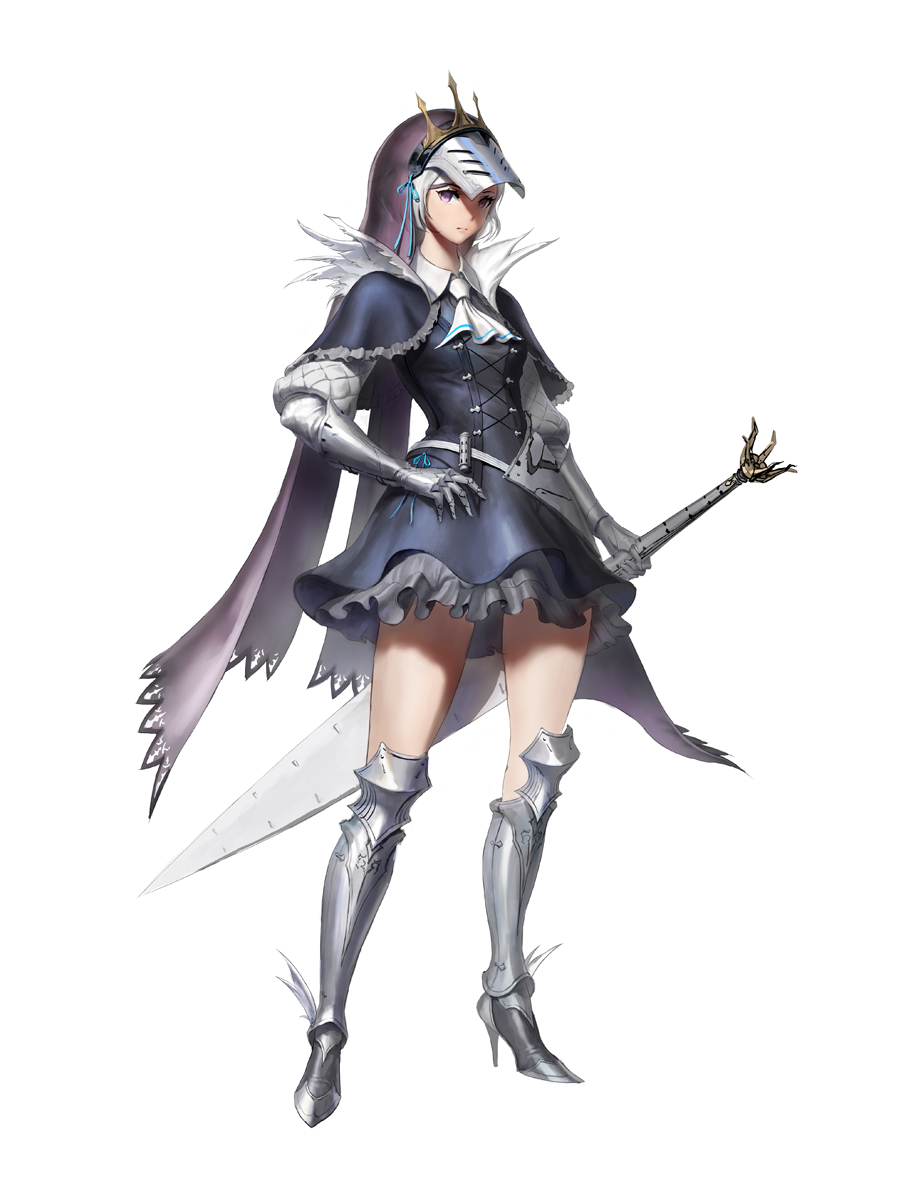 1girl armored_boots boots capelet commentary_request dress fantasy frilled_dress frills full_body gauntlets hand_on_hip high_heels holding holding_sword holding_weapon knight looking_at_viewer original princess reverse_grip solo standing sword user_kevy4344 violet_eyes visor_(armor) weapon white_background white_hair