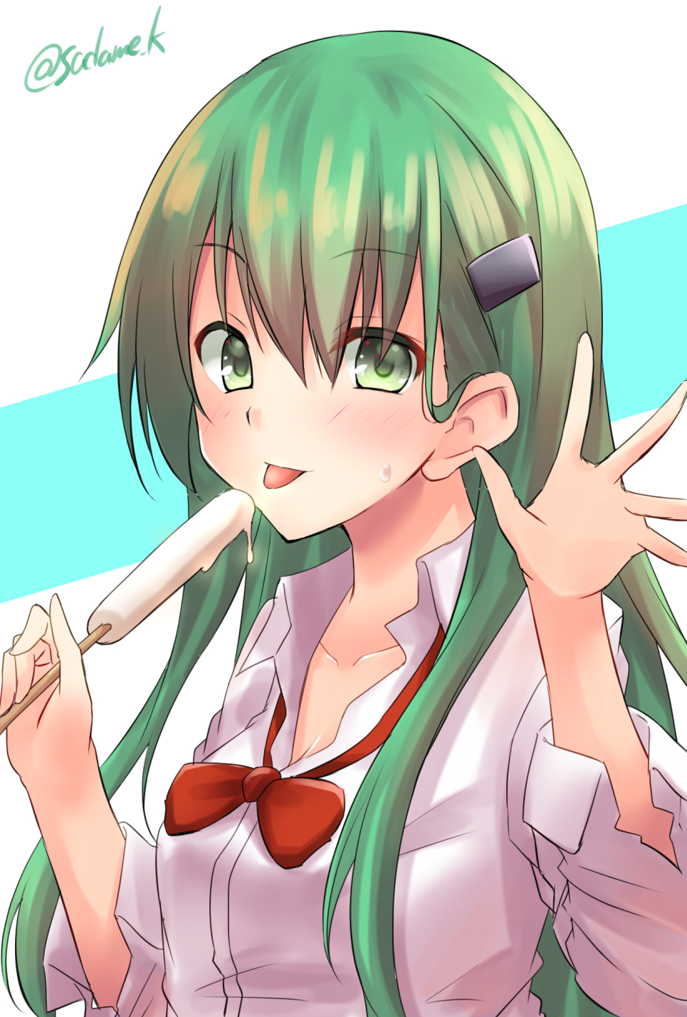 1girl aqua_hair commentary_request food green_eyes hair_ornament hairclip highres kamijou_sadame kantai_collection long_hair long_sleeves looking_at_viewer popsicle red_neckwear shirt solo suzuya_(kantai_collection) tongue tongue_out twitter_username two-tone_background upper_body white_background white_shirt