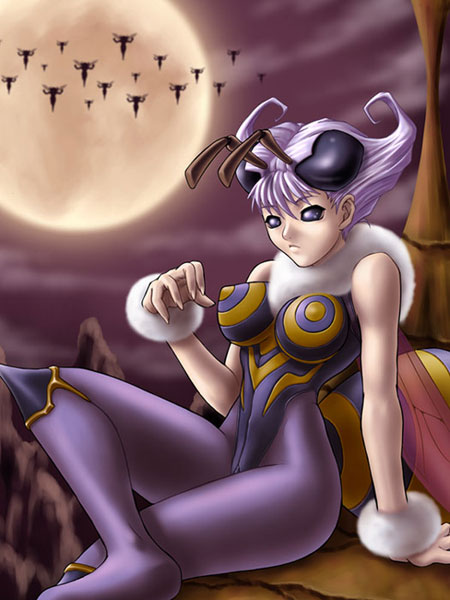 antenna bee bee_girl breasts buggirl capcom hyung_tae_kim insect insect_girl kagami leg_up legs long_legs monster_girl pantyhose purple_eyes purple_hair purple_pantyhose q-bee thighs vampire_(game) violet_eyes wings